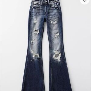 Signature Distressed Wide Leg Jeans - Dark Blue